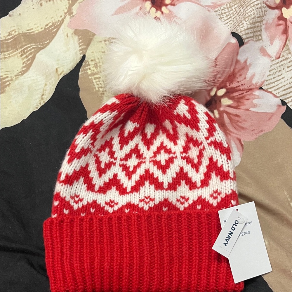 Old Navy Festive Red and White Knit Hat with Pom-Pom